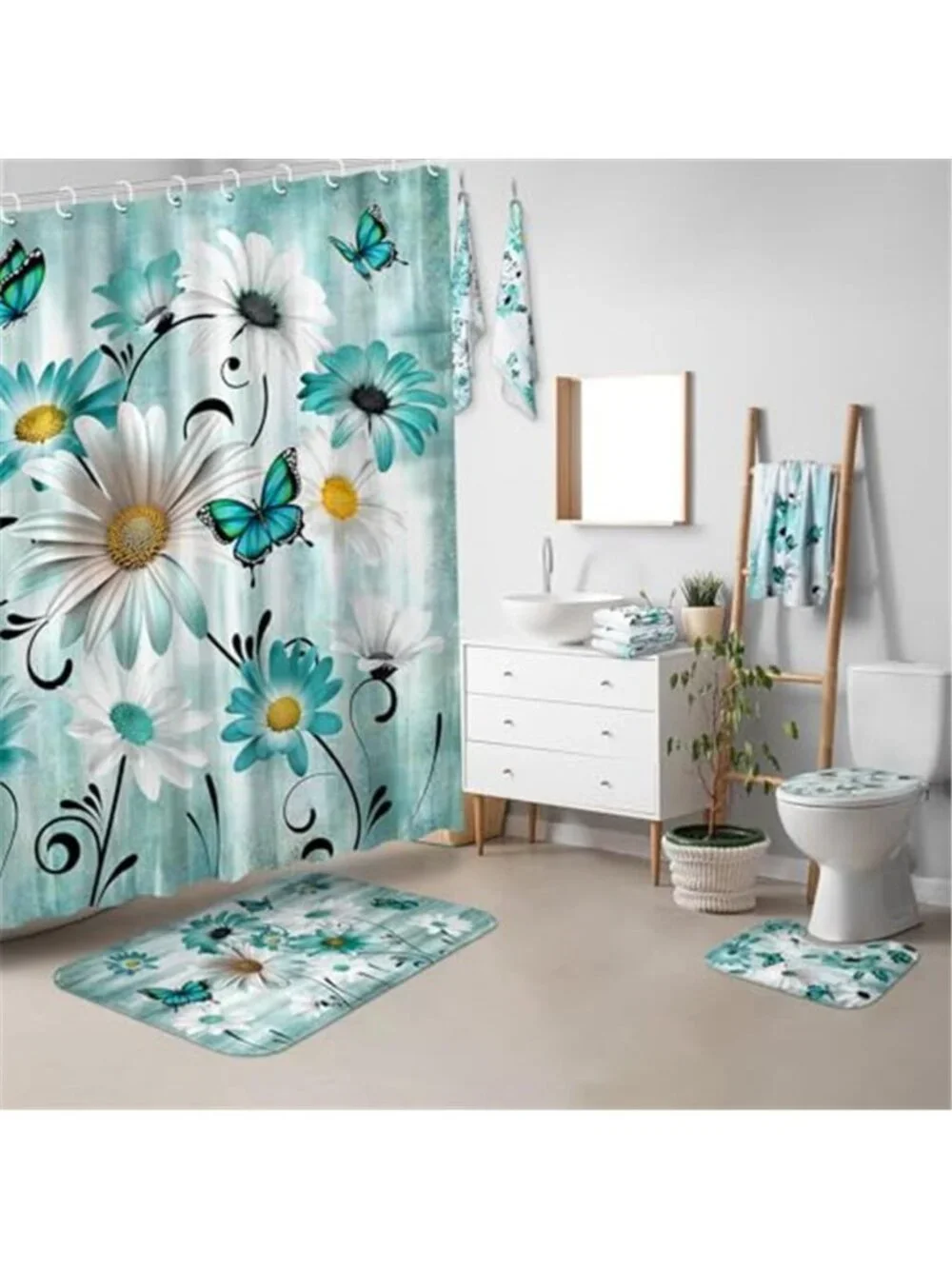 Teal Daisy Butterfly Shower Curtain Set Rugs Towels Bath Mat Toilet Cover Hooks